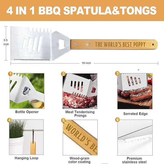 Christmas Poppy Gifts from Grandkids, Heavy Duty Wooden BBQ Grilling Accessories Kit for Backyard, Poppy Thick Stainless Steel Grill Utensils with Non-Slip Handle Tools in Portable Bag Birthday
