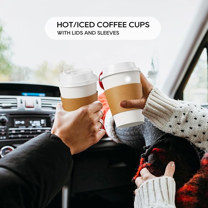 JOLLY PARTY [50 Pack] 12 oz Paper Coffee Cups, Disposable Paper Coffee Cup with Lids, Sleeves, and Stirrers, Hot/Cold Beverage Drinking Cup for Water, Juice or Tea, Suitable for Home, Shops and Cafes