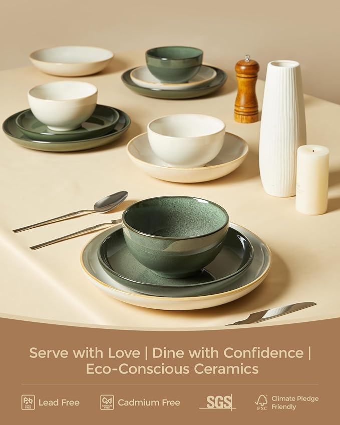 Pokini 24 Piece Double Bowl Dinnerware Sets with Pasta Bowls, Highly Chip and Crack Resistant Plates and Bowls Sets, Natural Earthyware Ceramic Dishware Sets, Service for 6 Yellow White