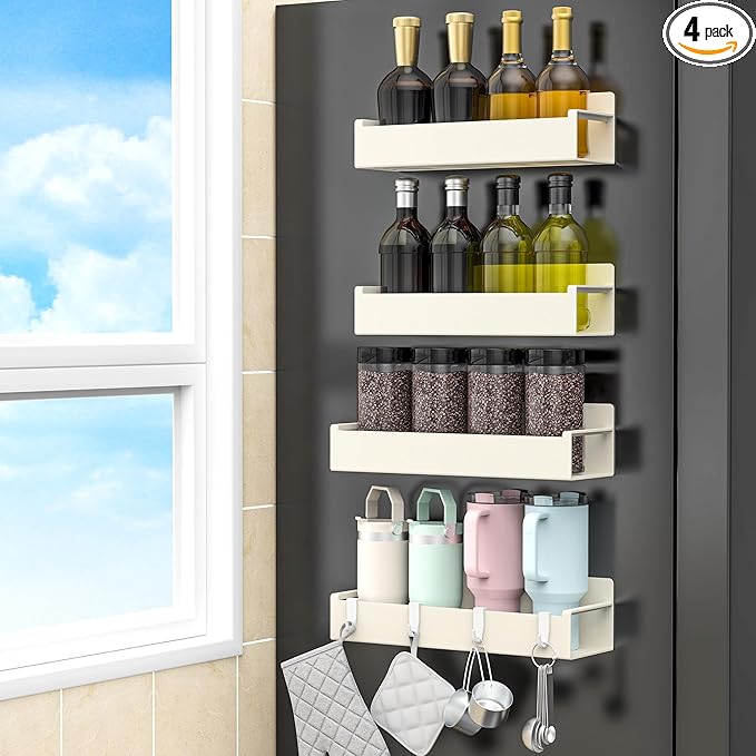 HuggieGems 4 Pack Magnetic Spice Rack Organizer for Refrigerator and Oven, Cream White Fridge Organizers and Storage for Kitchen