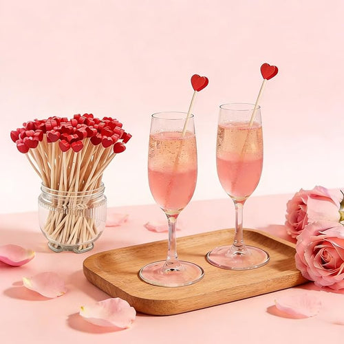 100 Pcs 6 Inch Red Heart Shaped Valentine's Day Wooden Swizzle Sticks, Cocktail & Coffee Drink Stirrers, Rock Candy Sticks, Cake Pop Sticks, Lollipop Sticks for Anniversary, Wedding Party
