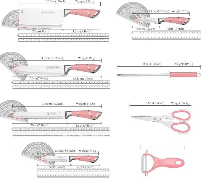 Pink Kitchen Knife Set, 9-Piece - Non-Stick, Sharp, High Carbon Stainless Steel Knives with Acrylic Block - Perfect for Meat Slicing, Chopping - Ideal Kitchen Gifts for Women