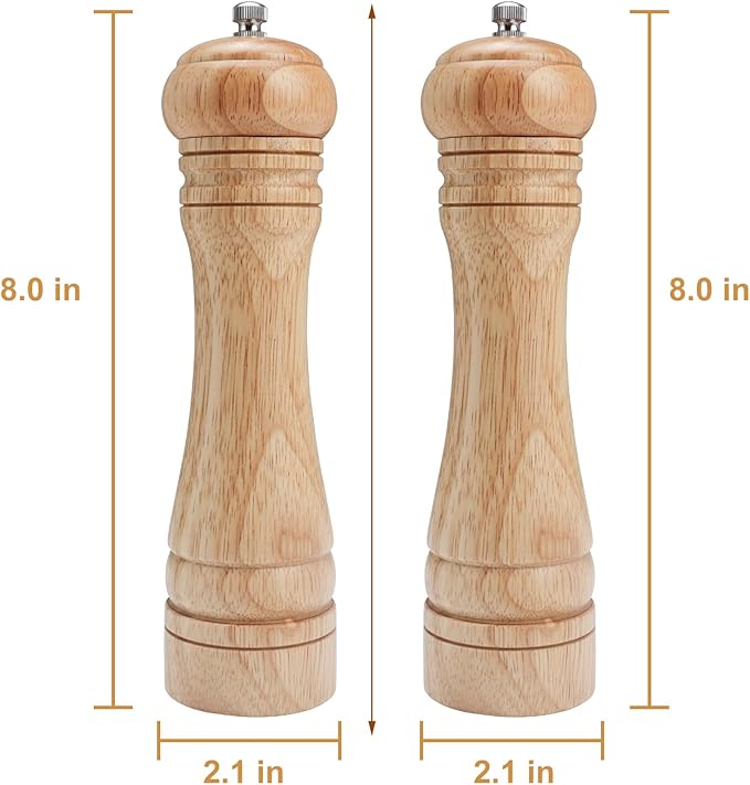 Gulex® Wood Pepper Grinder Pepper Mill,Adjustable Coarseness 8 Inch Wooden Peppermill, Ceramic Grinding Mechanism Salt Mill Refillable (1 pack) (Light-2PC)