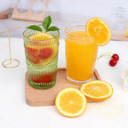 Loivttvv 6pcs Vintage Drinking Glasses Set, 12 oz Green Highball Glasses, Embossed Ribbed Glassware Cups for Cocktail, Water, Juice, Coffee, Whiskey