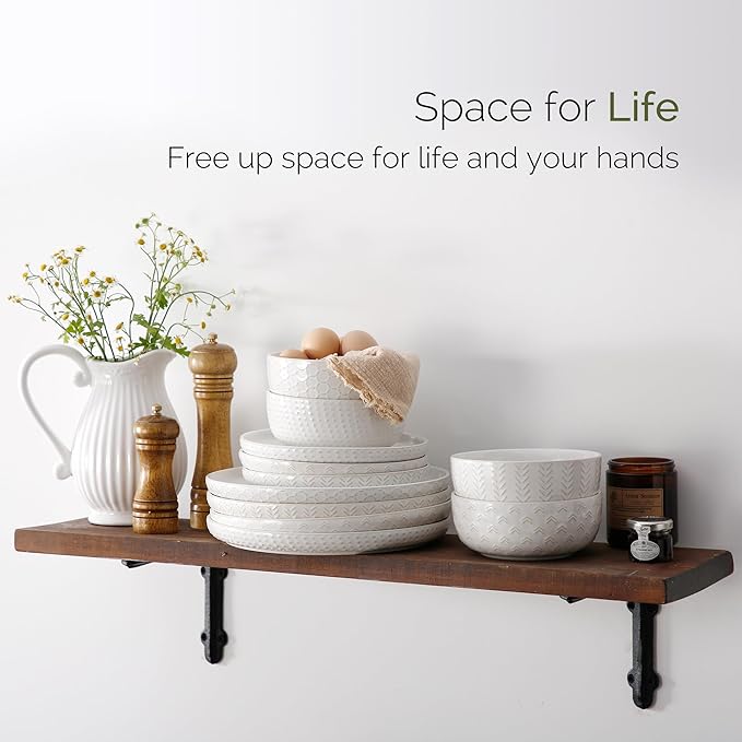 Stoneware Dinnerware Sets Service for 4, 12 pcs Reactive Glaze Plates and Bowls Sets, Embossed Boho Ceramic Dish Set, Highly Chip and Crack Resistant Farmhouse Plate Set, Ivory White