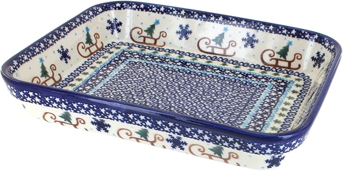 Blue Rose Polish Pottery - Blue Noel Nights Small Rectangular Baker - 10.25" x 8" - Unique, Dishwasher Safe, & Durable Bakeware