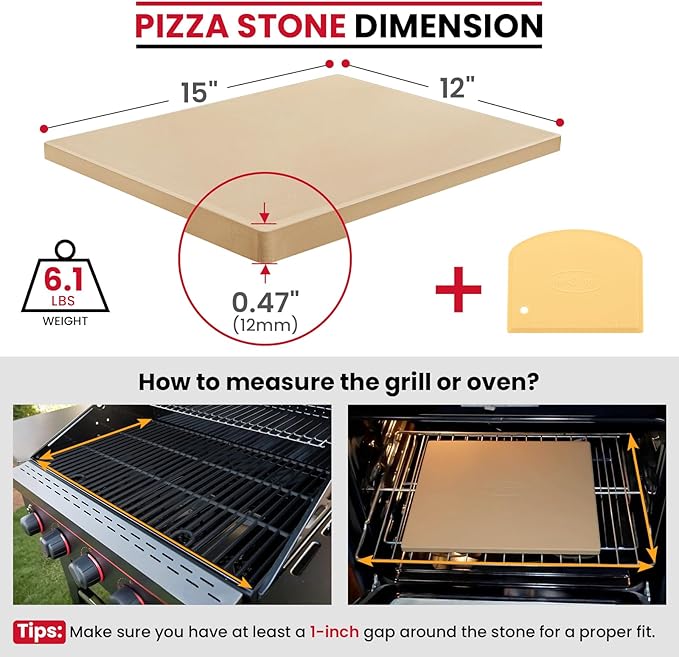 Unicook Pizza Stone for Oven and Grill, Rectangular Baking Pan 15 Inch x 12 Inch, Cordierite Large Cooking Oven Stone with Plastic Dough Scraper, Thermal Shock Resistant Pizza Pan