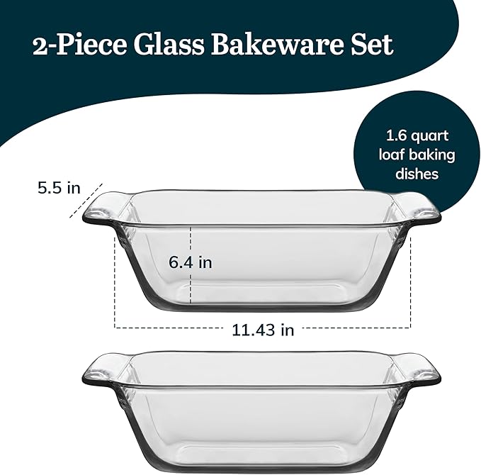 Libbey Baker’s Premium 2 Piece Glass Baking Dish Set, Stackable, Space Saving Glass Bakeware Set, Oven Baking Dish for Bread, Pound Cakes, Meatloaf
