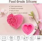 4 Pcs 3D Rose Flower Silicone Molds Mother's Day Fondant Mold Wedding Fondant Cake Molds Heart Candy Silicone Molds Chocolate Mould for Cake Topper Polymer Clay Soap Wax Making Party Supplies