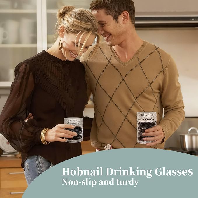 Blue Hobnail Drinking Glasses Set of 6,15 oz Vintage Highball Glasses,Drinkware Kitchen Glasses for Cocktail,Iced Coffee,Beer,Ice Tea,Wine,Whiskey,Water
