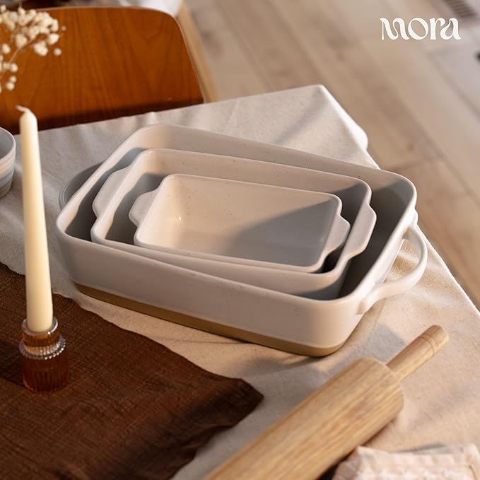 Mora Ceramic Set of 2 Baking Dishes For Casserole, Banana Bread, Brownies, Broiling, Roasting, and Baking. 7x11 in and Loaf Pans - Porcelain Serving Bakeware from Oven to Table. Freezer Safe - Oat