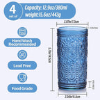 abrwyy Blue Drinking Highball Beverage Glass Cup, Vintage Drinking Glasses, Colored Glassware Set for Party Wedding, Home, Office, Water, Juice, Cocktail, Highball Glasses Set of 4
