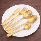Matte Gold Serving Set，SHARECOOK 5-Piece 18/0 Stainless Steel Large Hostess Set with Round Edge, Satin Finished, Dishwasher Safe -Spoons, Forks,Butter Knife& Slotted Spoon