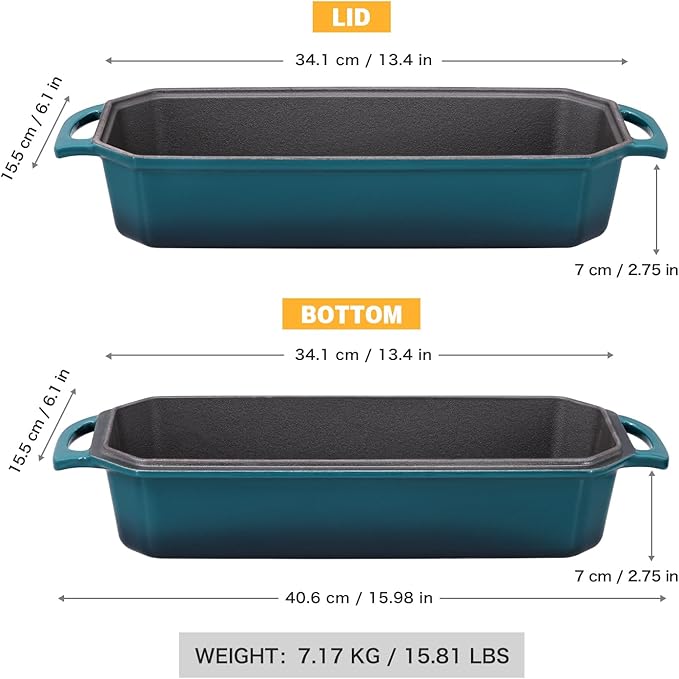 Flavehc Bread Pan Cast Iron Loaf Pan with Lid Bread Loaf Pan 13x5 Inch Enameled Cast Iron Sourdough Bread Pan,DarkCyan
