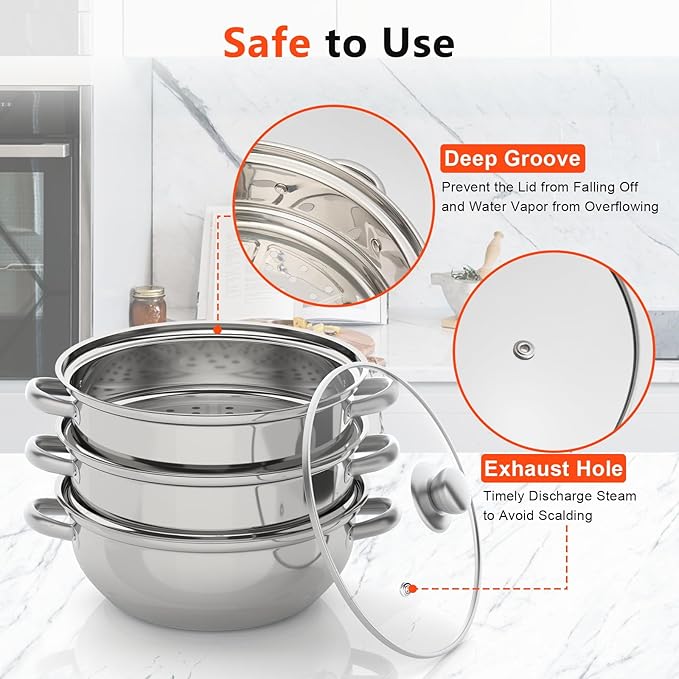Steamer for Cooking, 3-Tier Stainless Steel Steamer Pot, 12.8 Inch Multipurpose Stackable Cooking Steam Pot Kitchen Cookware with Glass Lid for Induction, Gas, Electric Stoves