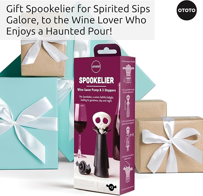 OTOTO New Spookelier Wine Saver Pump and 3 Wine Stopper - Wine Bottle Stoppers for Wine Bottles, Wine Stoppers Vacuum, Spooky Goth Accessories, Fun Skull Halloween Goth Kitchen, Goth Gifts Gadgets