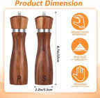 Kifmurase 2PCS Wooden Salt and Pepper Grinder Set, 8.7 inch Manual Refillable Salt Pepper Mills with Adjustable Coarseness, Solid Acacia Wood with Ceramic Grinding Core, Peppercorn Shaker Tableware