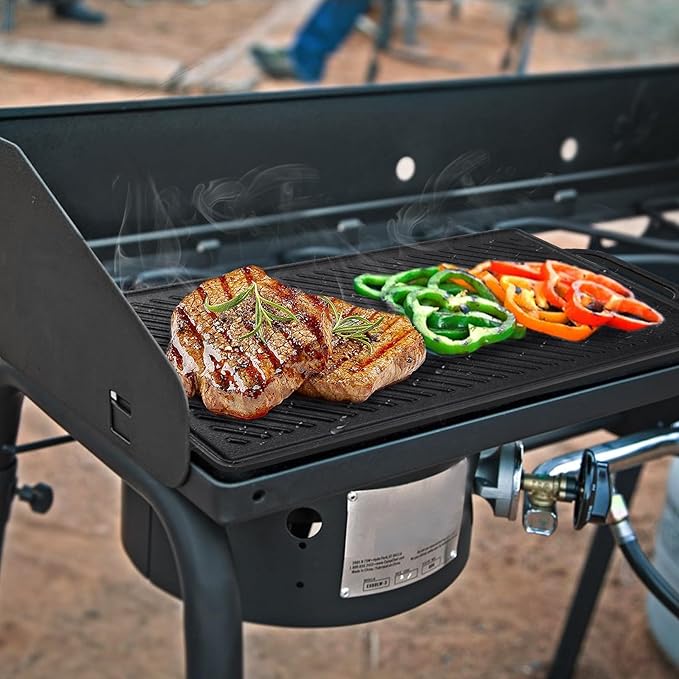 GGC Cast Iron Reversible Grill Griddle for Stove Top, Flat Griddle for Gas Grills, Flat and Ribbed Double-Side to Use, Non-Stick Griddle Plate Top Outdoor Cooking (20" x 9")