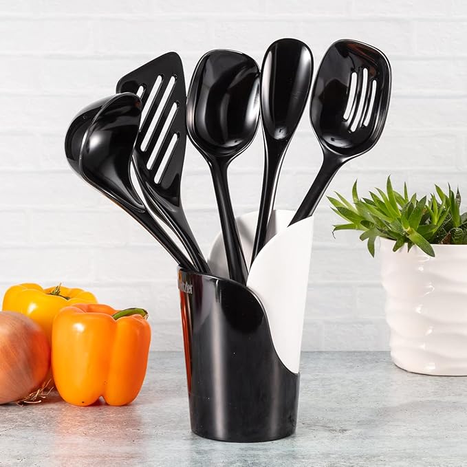 Hutzler 6-piece Melamine Cooking Utensils Set, Includes a 12-inch Long Slotted Spoon, Solid Spoon, Mixing Spoon, Slotted Turner, Soup Ladle, and Storage Crock, Black