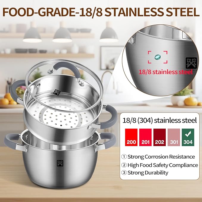 GOLDEN KEY 3.2 QT Steamer Pot With Lid - 2-Tier 18/8 Stainless Steel，Multipurpose Steaming Cookware with Vegetable Steam Basket, Oven & Dishwasher Safe, Triple Bottom for Even Heating, Perfect for Dumplings, Seafood and Vegetables