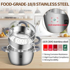 GOLDEN KEY 3.2 QT Steamer Pot With Lid - 2-Tier 18/8 Stainless Steel，Multipurpose Steaming Cookware with Vegetable Steam Basket, Oven & Dishwasher Safe, Triple Bottom for Even Heating, Perfect for Dumplings, Seafood and Vegetables
