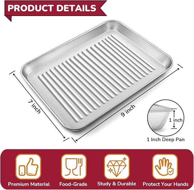 P&P CHEF 9 x 7 x 1 Inch Mini Toaster Oven Pan, Stainless Steel Small Baking Pan Oven Tray for Cooking & Roasting, Corrugated Bottom, Healthy & Sturdy, Dishwasher Safe - 2Pcs