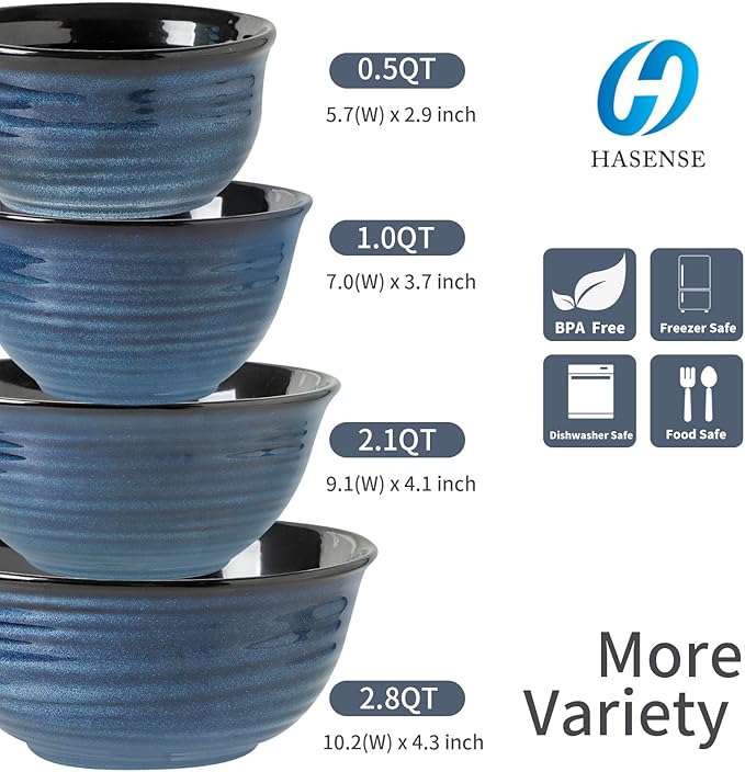 Hasense Mixing Bowls Set, Porcelain Large Salad Bowls for Cooking, Baking, Prepping, Serving, Blue Nesting Dishes for Housewarming Gift, Microwave Dishwasher Safe, 2.8/2.1/1.0/0.5 Qt