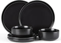 E-far Stoneware Dinnerware Sets for 2, 6-Piece Plates and Bowls Set, Modern Ceramic Dishes Dinning Ware, Microwave & Dishwasher Safe - Matte Black