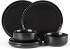 E-far Stoneware Dinnerware Sets for 2, 6-Piece Plates and Bowls Set, Modern Ceramic Dishes Dinning Ware, Microwave & Dishwasher Safe - Matte Black