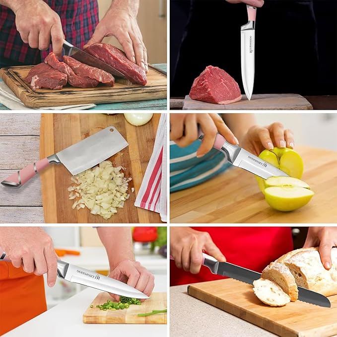 Kitchen Knife Set, Retrosohoo 9-Pieces Pink Sharp Non-Stick Coated Chef Knives Block Set,Stainless Steel Knife Set for Kitchen with Sharpener for Cutting Slicing Dicing Chopping (Pink)