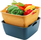 Jucoan 2 Pack 9 & 8 Quart Large Kitchen Strainer Colander Bowl Set, Double-Layer Plastic Fruits Vegetable Washing Basket, Drain Bowls for Cleaning Washing Mixing, Detachable (Blue, Orange)