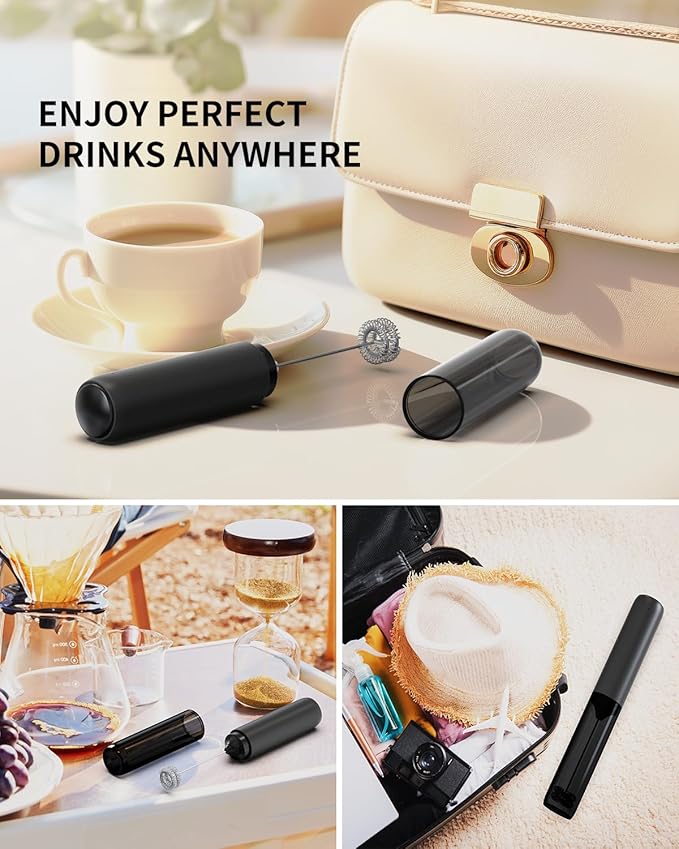 CIRCLE JOY Rechargeable Milk Frother Hanheld, Dual Coil Whisk Head Electric Coffee Frother, Portable Hand Frother Wand Drink Mixer for Matcha Lattes Cappuccino, Kitchen Gifts, Black