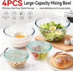 YUANYE 4 Pack Glass Mixing Bowls with Lids Set (3/1.7/0.9/0.6QT),Thick Glass Large Salad Bowl Set, Nesting Kitchen Bowls for Serving, Prepping, Cooking and Baking, Dishwasher, Oven,Microwave Safe