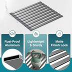 COOL-ANGLE Aluminum Roll Up Dish Drying Rack Over The Sink, 17.7" x 13.4" Rust-Proof Foldable Dish Drainer Mat, Heat Resistant Trivet & Kitchen Sink Cover, Fits Sinks up to 16.8" Wide, Matte Gray