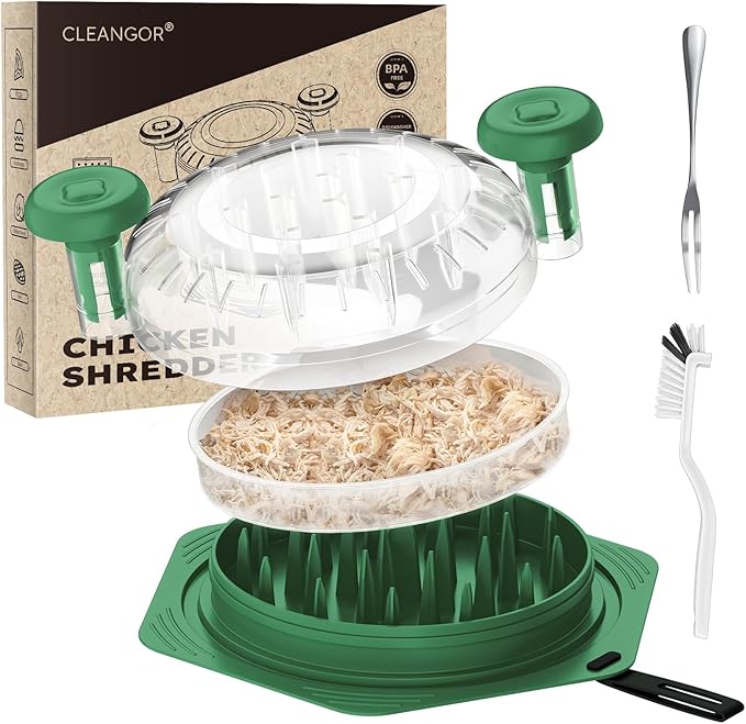 Cleangor Chicken Shredder Tool Twist Large, BPA Free Meat Shredder with Ergonomic Handle, Non-Slip Food Shredder Tool for Pork, Beef, Set of Chicken Breast Shredder with Brush & Fork (1, Green)