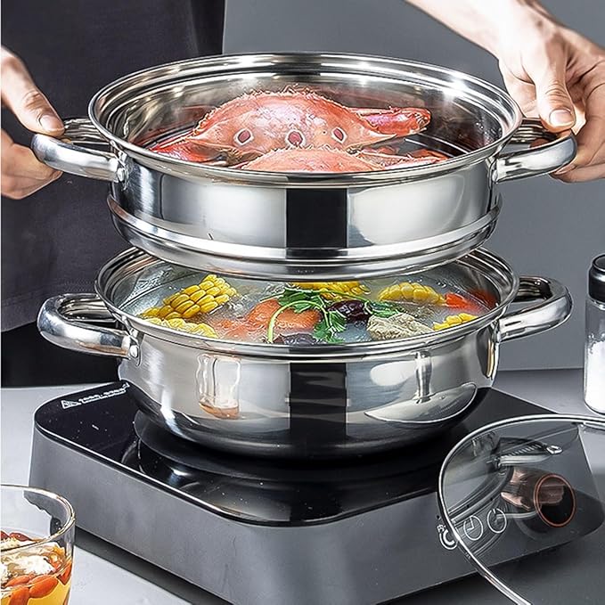 Steamer Pot with Lid, Multipurpose Stainless Steel Steaming Pot Cookware - 11-inch for Vegetables, Stews, Pasta, Dumplings, Sauce