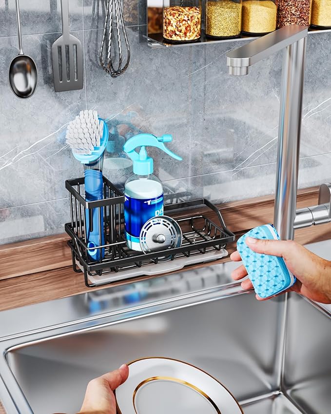 Consumest Sponge Holder for Kitchen Sink - Kitchen Sink Caddy Organizer with Removable Drip Tray for Countertop Dish Soap Dispenser Brush Storage Accessories 304 Stainless Steel - Black