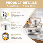 TeamFar Mixing Bowls, Stainless Steel Nesting Salad Bowls with Airtight Lids Set, For Serving/Mixing/Storing, Rust-proof & Heavy Duty, Dishwasher Safe, Set of 3-4.6/3 / 1.5 QT, Khaki