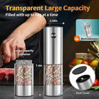 2Pack Electric Salt and Pepper Grinder Set USB Rechargeable with Warm LED Light, Adjustable Coarseness Lidaop Large Capacity Automatic Salt Pepper Mill Shakers for Kitchen, Sliver Set
