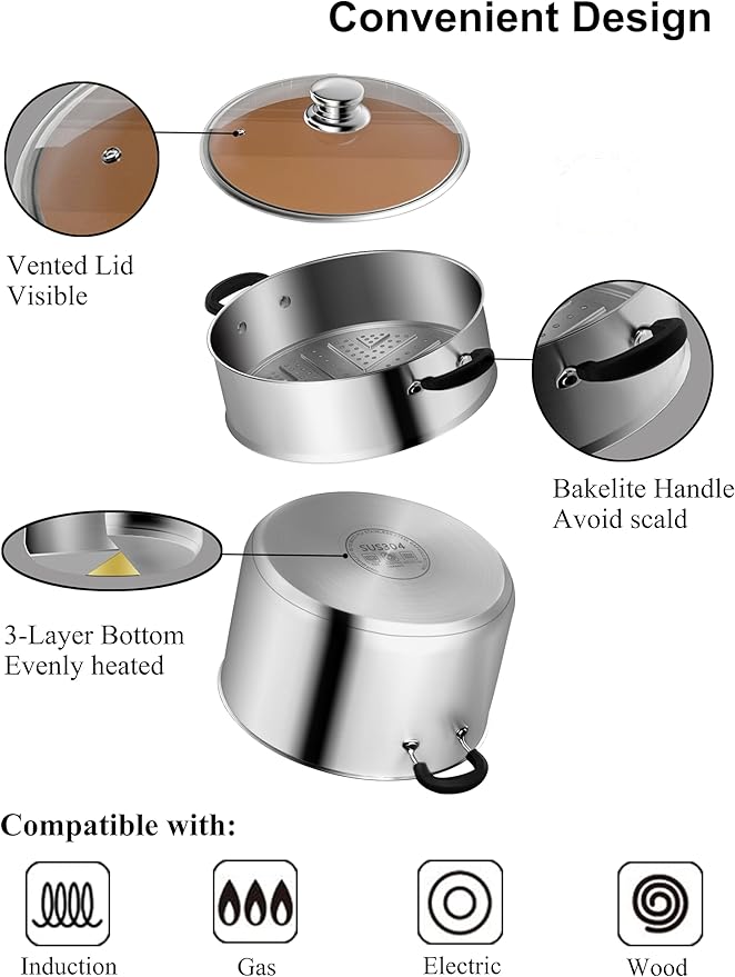 VENTION 7.1 Inch Small Vegetable Steamer Pot, 2.1 QT Induction Stainless Steel Steamer for Cooking, Steam Pot(18cm)