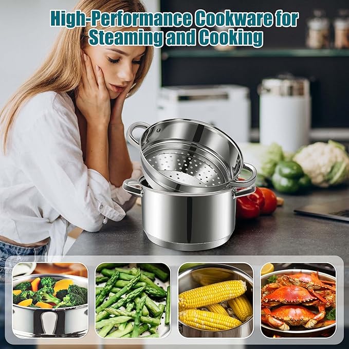 4 QT Stainless Steel Cookware Set, 3-Piece Multipurpose Stock Pot with Steamer Pot and Tempered Glass Lid, Stainless Steel Handle, Work with Gas Electric Induction Stove