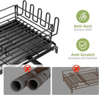Ekisemio Expandable Dish Drying Rack for Kitchen Counter, Large Capacity Dish Drainer with Utensil Holder & Drip Tray, Space Saving Organizer (12.7"-21.7" x 17"), Black