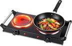 Electric Countertop Double Burner, 1800W Cooktop with Crystal Glass Hot Plate, 5-Level Stepless Temperature Control, Stay Cool Handles, Easy to Clean, Compatible Cooking Stove for Office Home RV