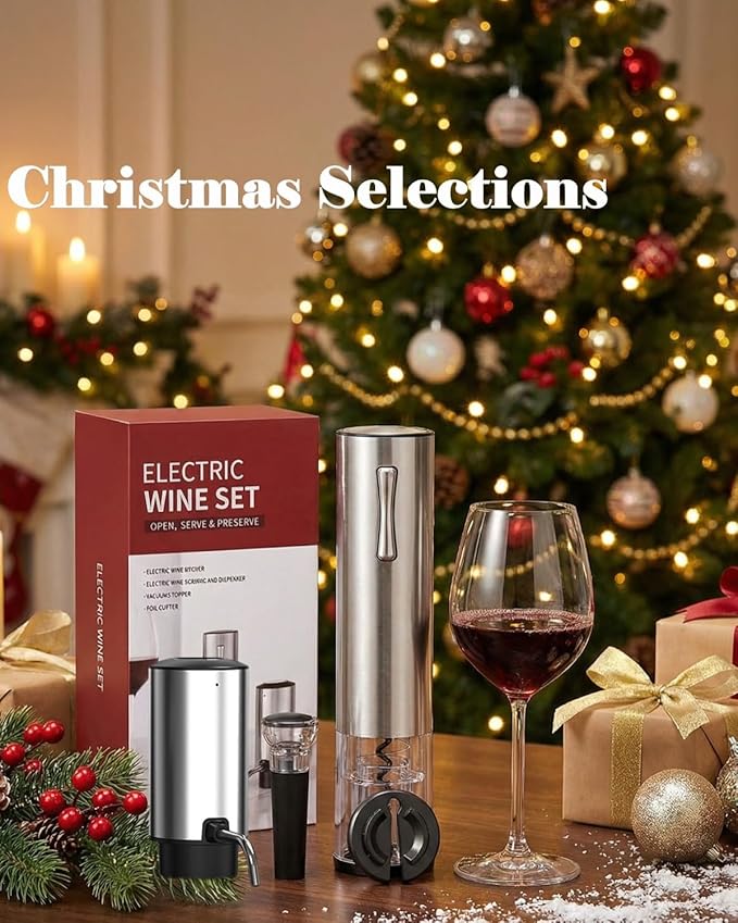Electric Wine Opener Set, 4 in 1 Electric Wine Bottle Opener, Rechargeable Corkscrew Opener with Aerator, Foil Cutter, Vacuum Stopper, Ideal Present for Christmas, Wine Lovers, Party, Wedding