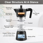 Sivaphe Aluminum Moka Pot 6 Espresso Cups, Percolator Espresso and Coffee Maker, Portable Stovetop Italian and Cuban Café Brewer for Home and Camping Black