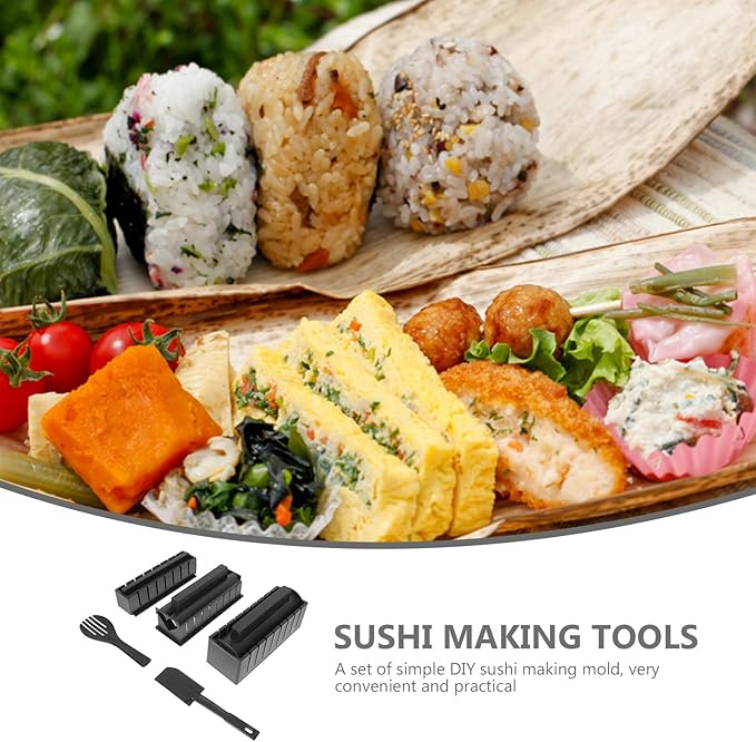 Garneck Sushi Making Molds Rice Roll Makers 10pcs Set Black DIY Onigiri Rice Ball Mold Kit for Home Kitchen Cooking Tools
