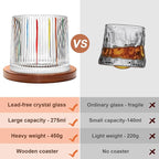 Rotatable Old Fashioned Glass Cup, 275ml/10oz Crystal Whiskey Glass, Wood Coaster, Thickening, Used as Rum Glass, Cocktail Cup, Coffee, Milk to Relax and Reduce Stress, Ideal Gift