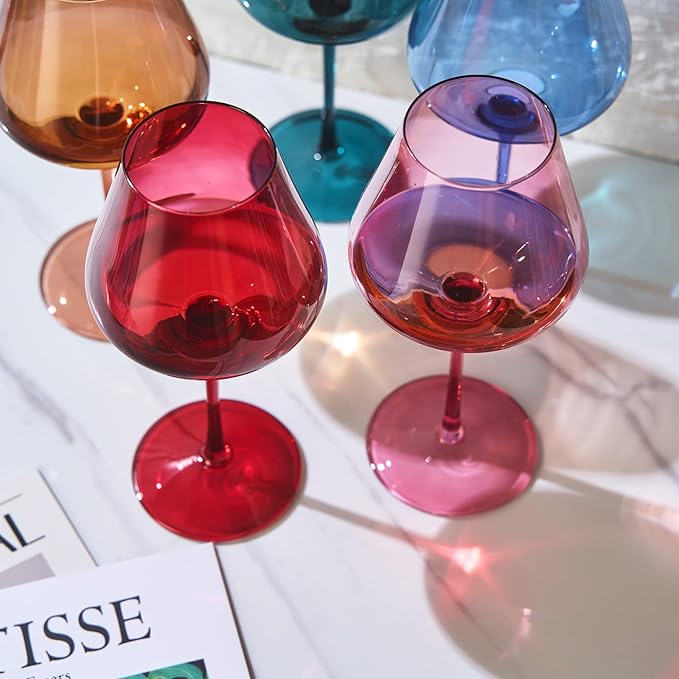 Khen Flower Blooms Colored Crystal Wine Glass Set of 5, Large 20 OZ Glasses, Color Blooms Unique Italian Style Tall Stemmed Drinkware for Red & White Wine, Water Dinner Gift, Beautiful Gifts Glassware