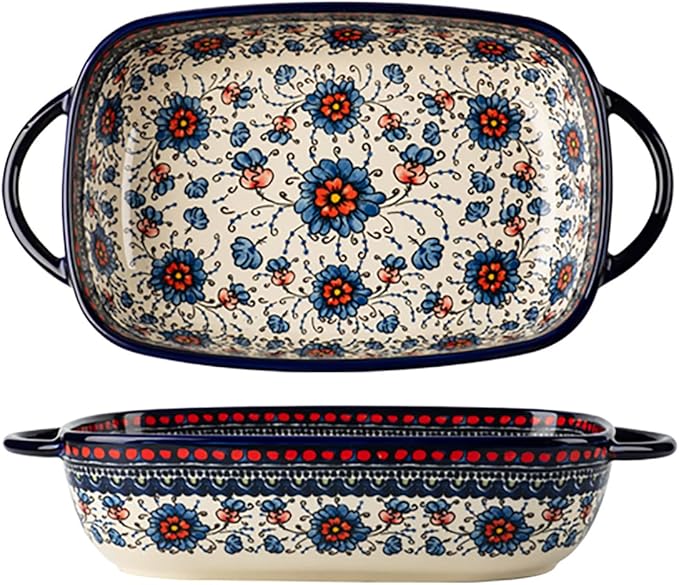 Vintage Style Pottery Bakeware Ceramic Casserole Dish Baking Pan Lasagna Pans Baking Dish with Handles for Oven/Cooking/Kitchen-1 PCS, Large Capacity, 60 OZ