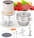 4-in-1 Small Food Processor Cordless Set with 600ml Glass Bowl, 3*240ml Stainless Steel Bowls & 3+4 Blades, USB-C Rechargeable Battery Mini Meat Vegetable Chopper, Electric Kitchen Blender, Mom's Gift